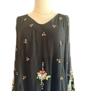 Free People Embroidered Dress Bohemian Open Back Long Sleeve Black‎ Size XS